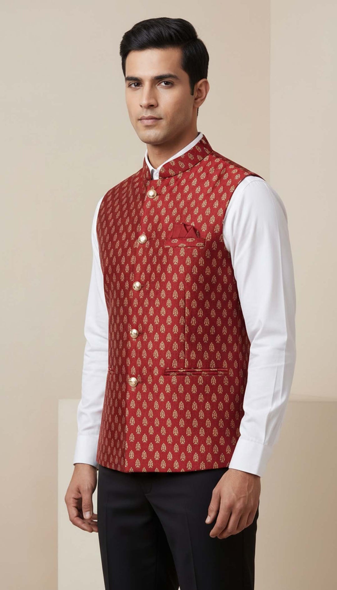 Maroon Brocade Silk Waistcoat