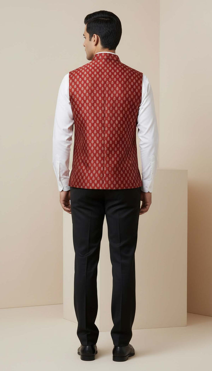 Maroon Brocade Silk Waistcoat