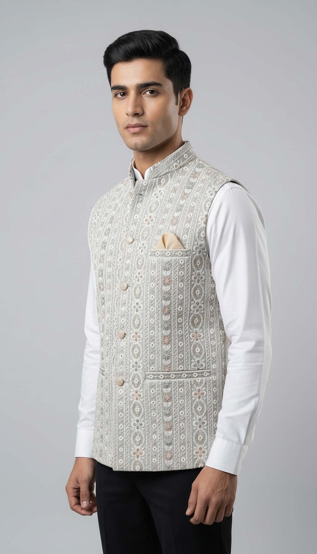 Light Grey Embroidered Lucknowi Silk Waistcoat.