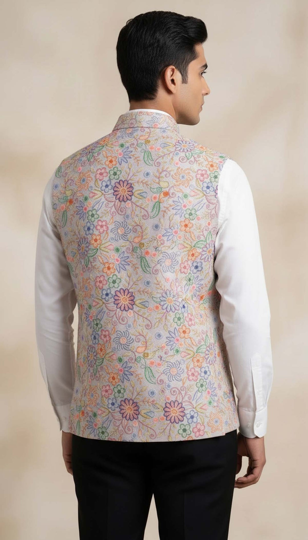 Lilac Floral Print Embroidered Waistcoat.