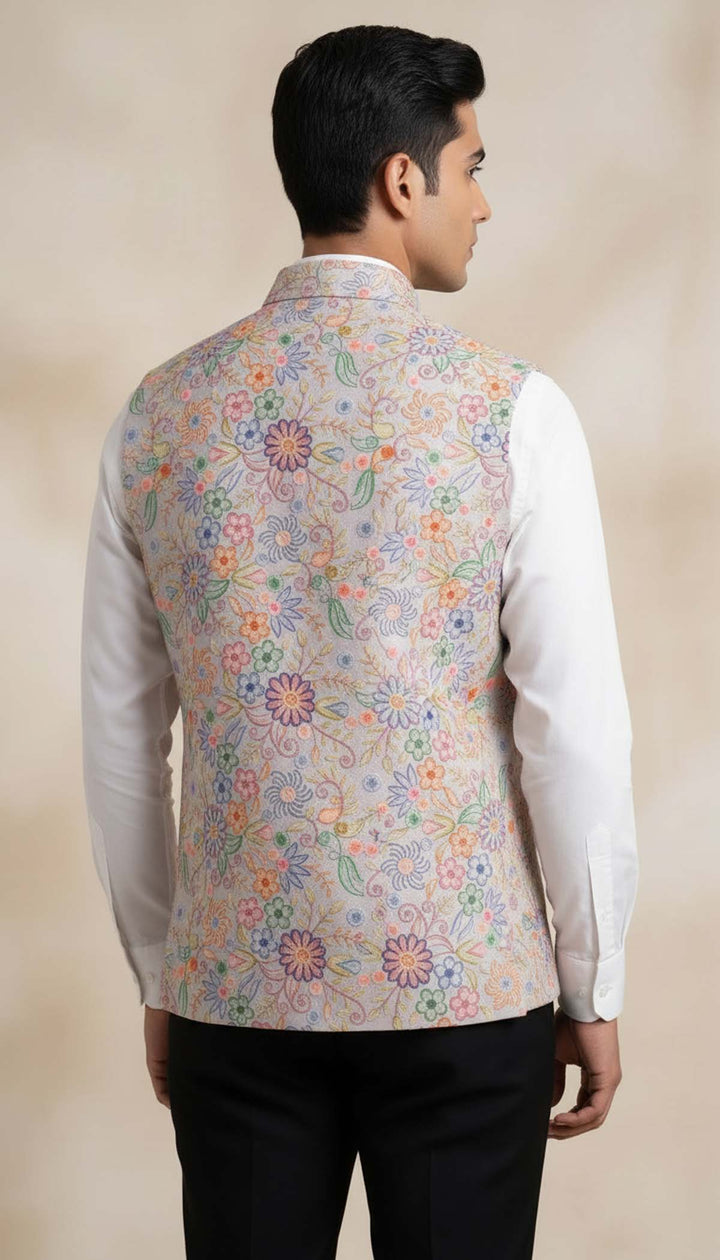 Lilac Floral Print Embroidered Waistcoat.