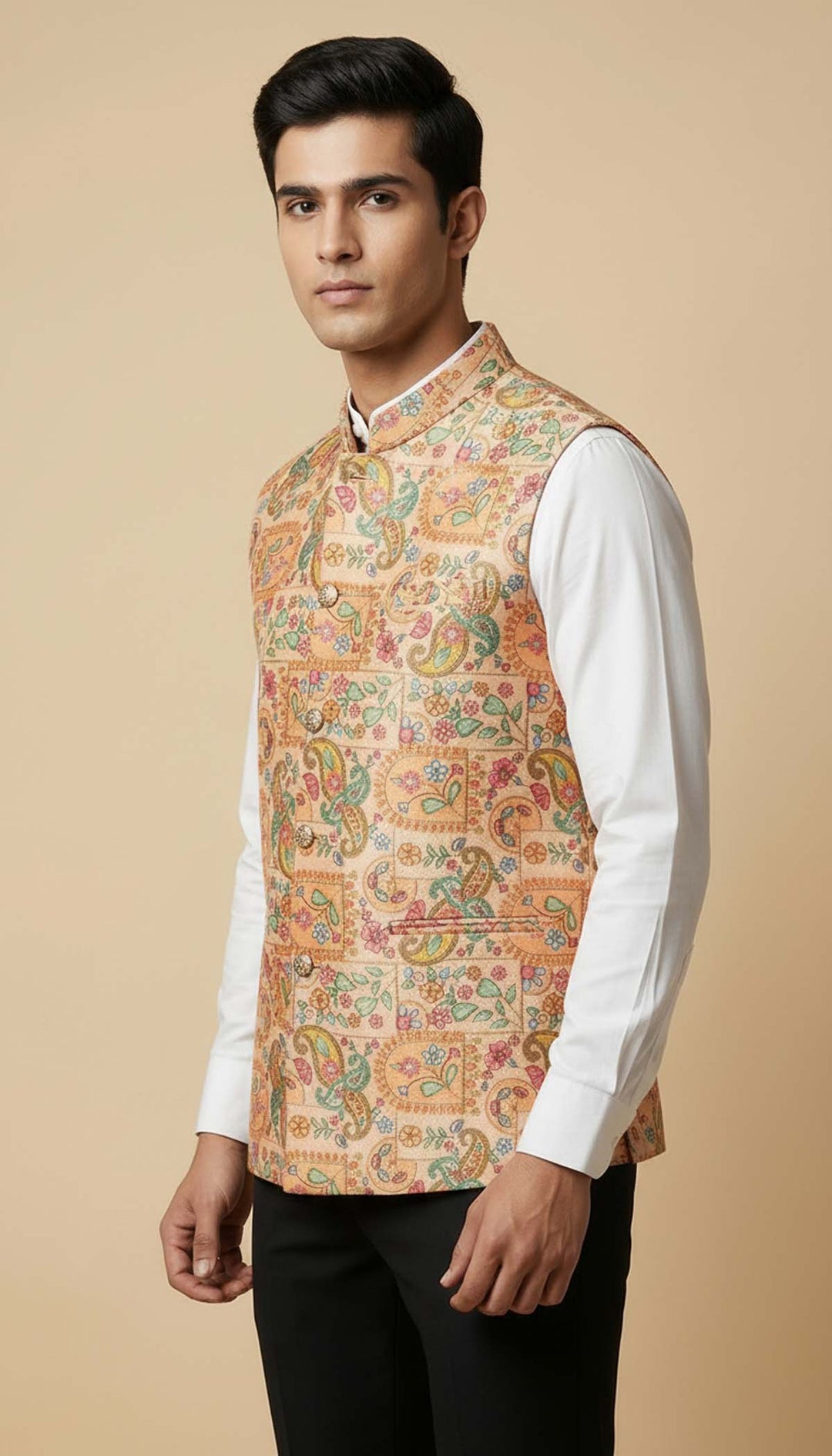 Peach Floral Print Embroidered Waistcoat.