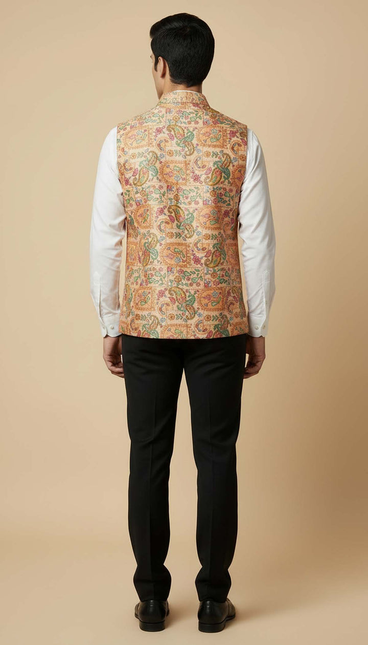 Peach Floral Print Embroidered Waistcoat.