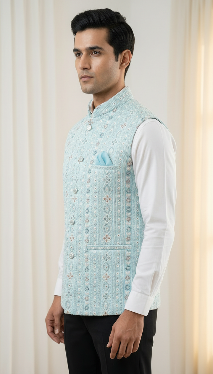 Light Blue Embroidered Lucknowi Silk Waistcoat.
