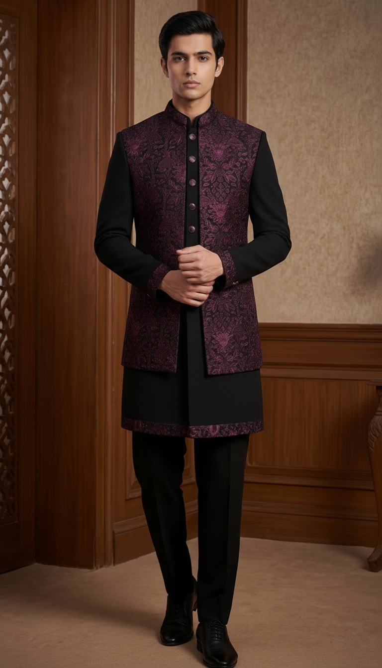 Black Wine Open Jacket Style Suit with Thread Work.