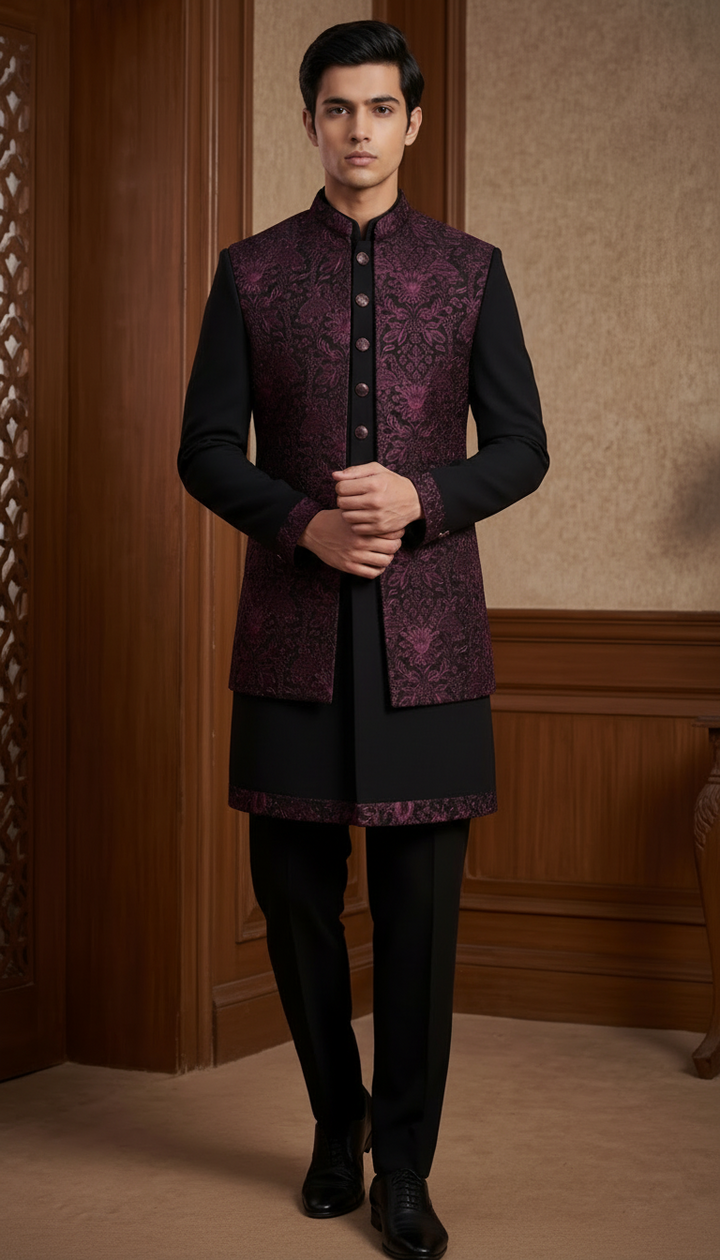Black Wine Open Jacket Style Suit with Thread Work.