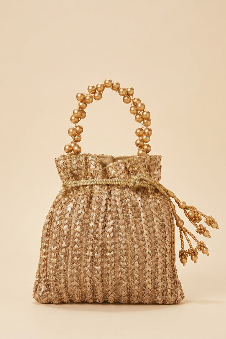 Antique Gold Zari Lace Embroidered Wedding Potli Bag.