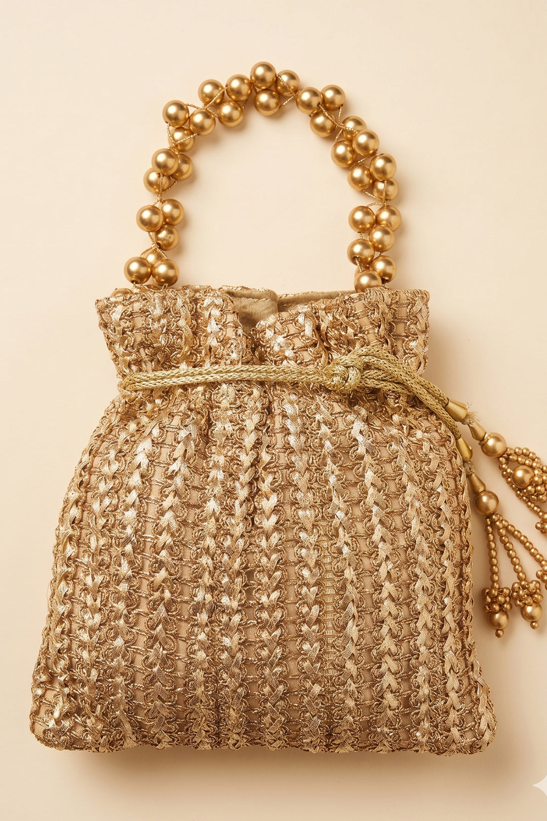Antique Gold Zari Lace Embroidered Wedding Potli Bag.