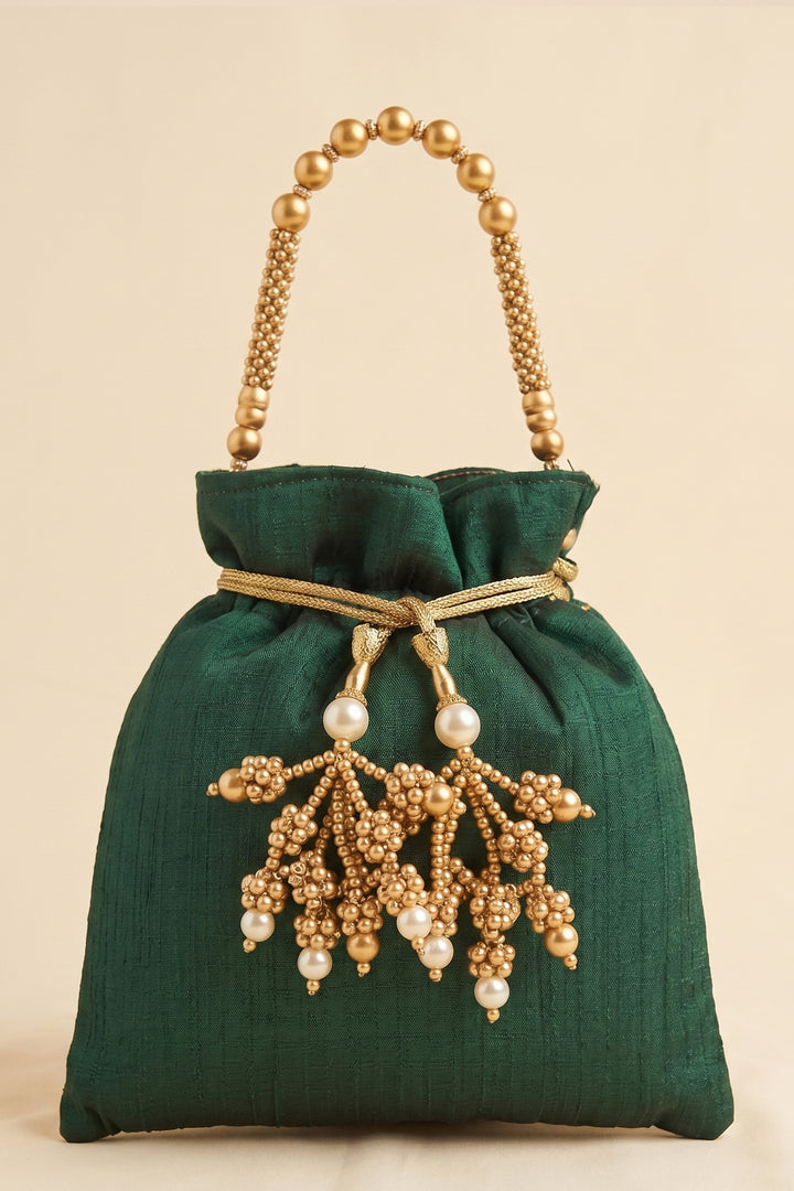 Bottle Green Embroidered Wedding Potli Bag.