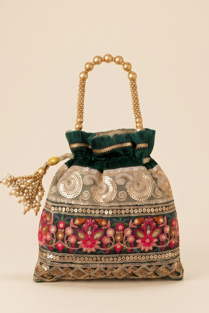 Bottle Green Embroidered Wedding Potli Bag.