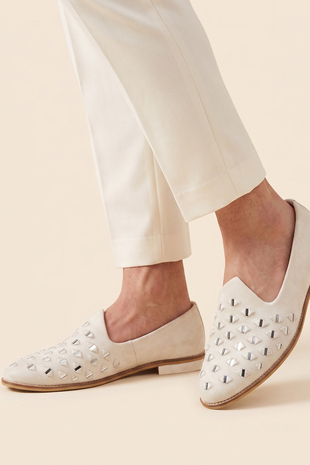 Ivory Mens Mirror Work Velvet Shoes.