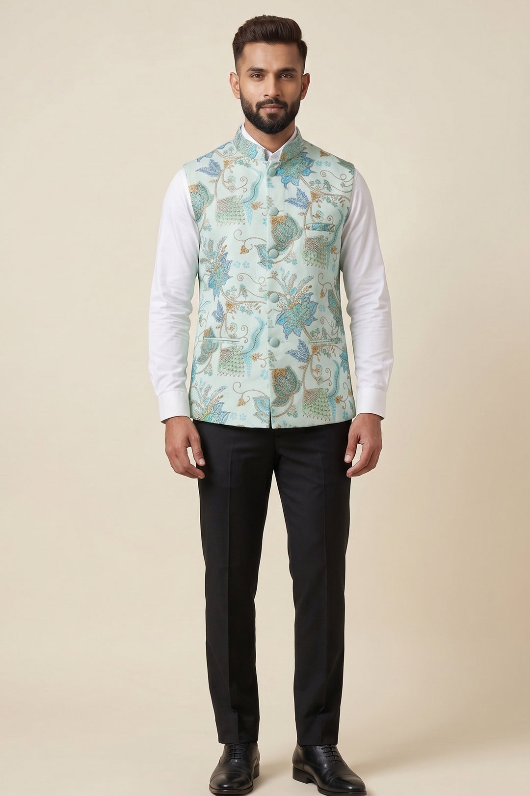 Light Blue Floral Print Embroidered Waistcoat.