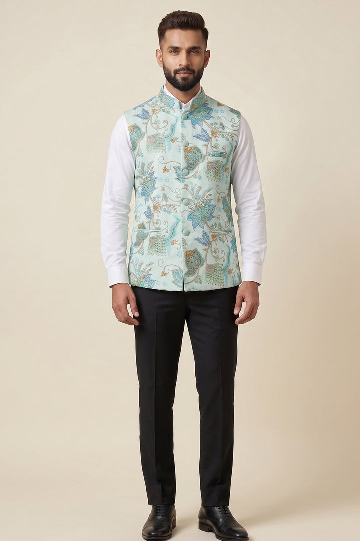 Light Blue Floral Print Embroidered Waistcoat.