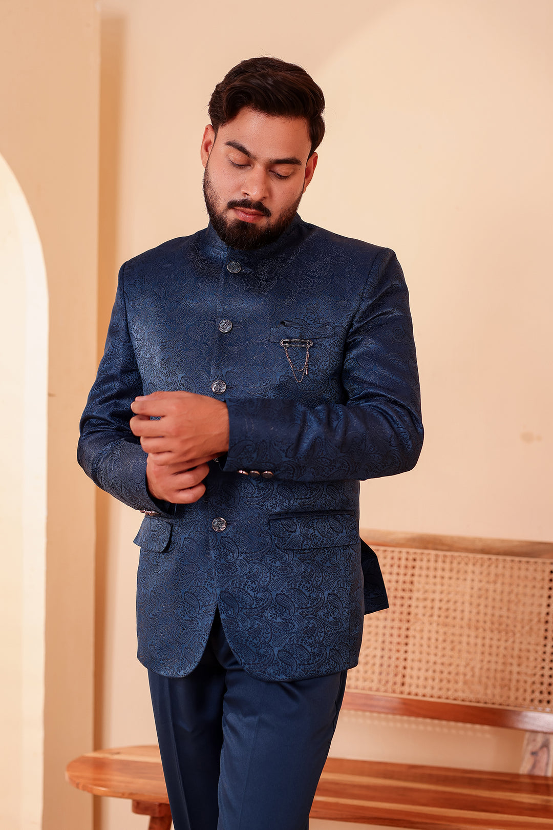 Midnight Blue Paisley Patterned Jodhpuri Suit.