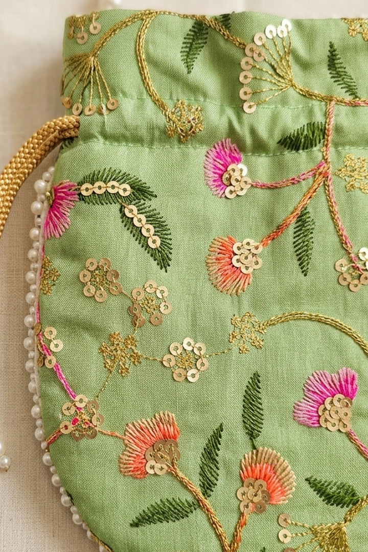 Mint Green Embroidered Wedding Potli Bag.