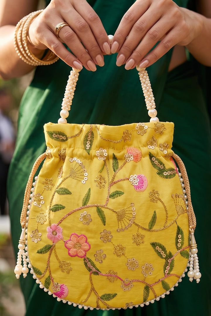 Yellow Embroidered Wedding Potli Bag.