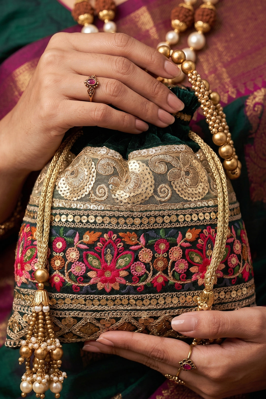 Bottle Green Embroidered Wedding Potli Bag.