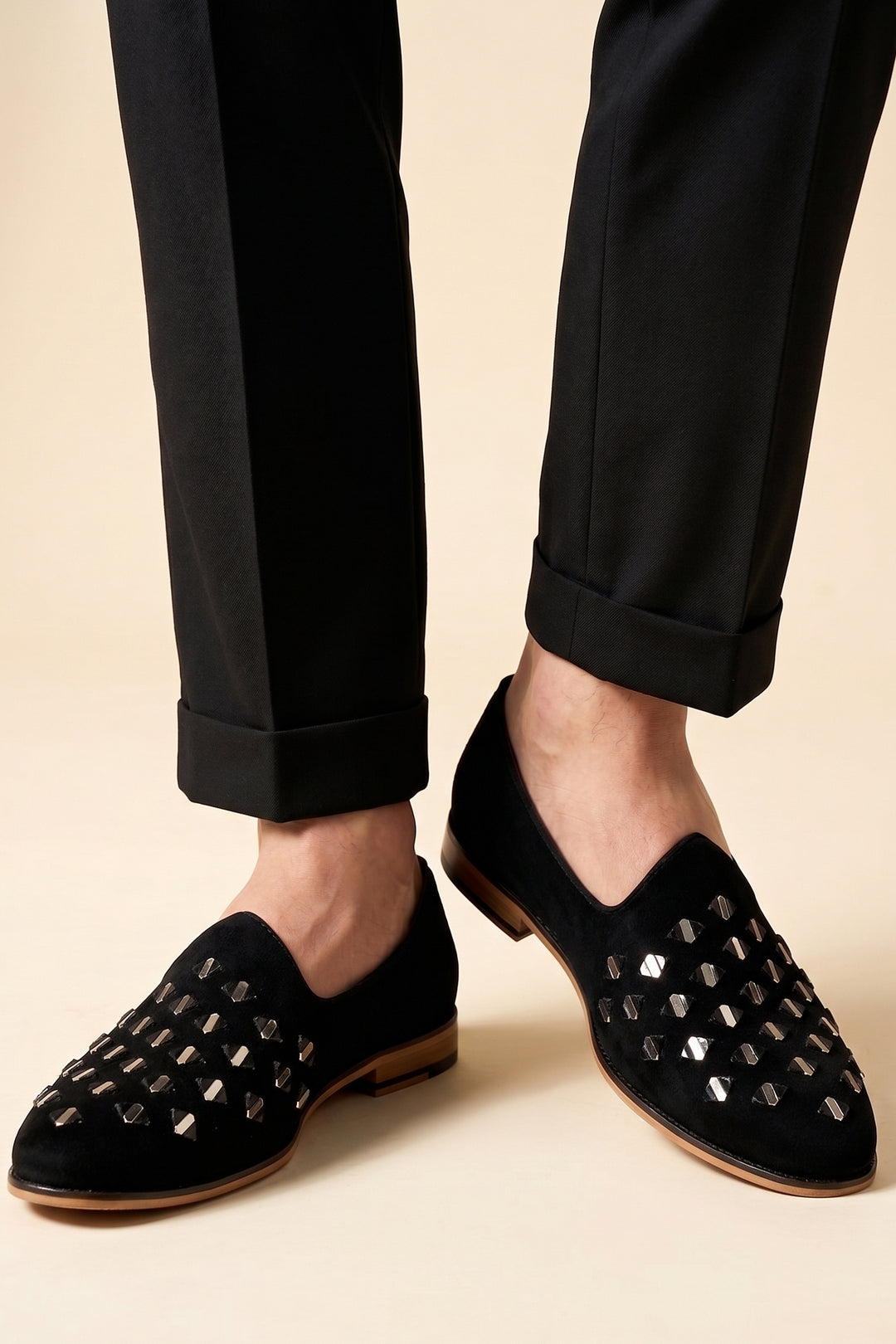Black Mens Mirror Work Velvet Shoes.