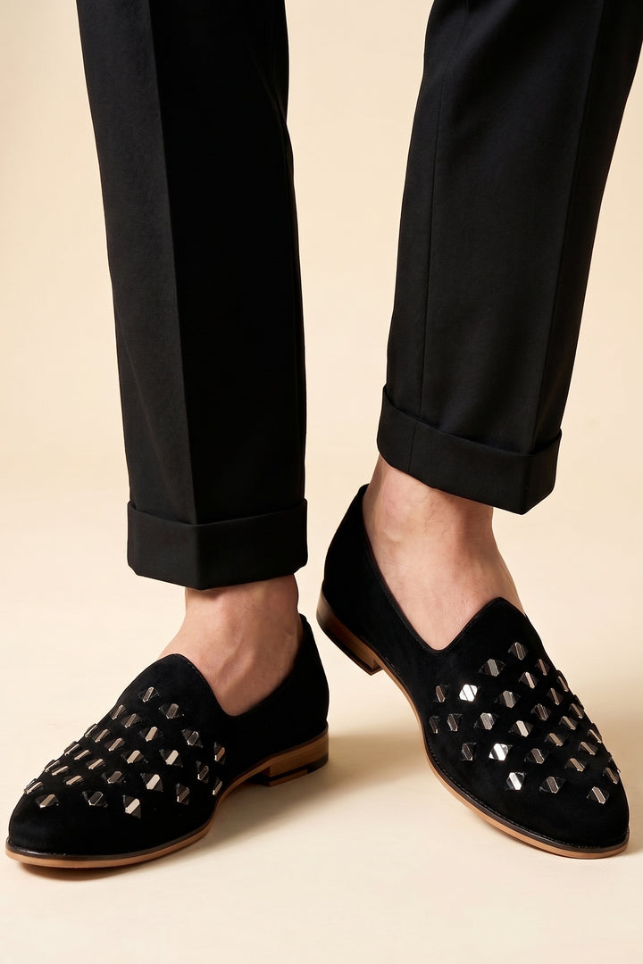 Black Mens Mirror Work Velvet Shoes.