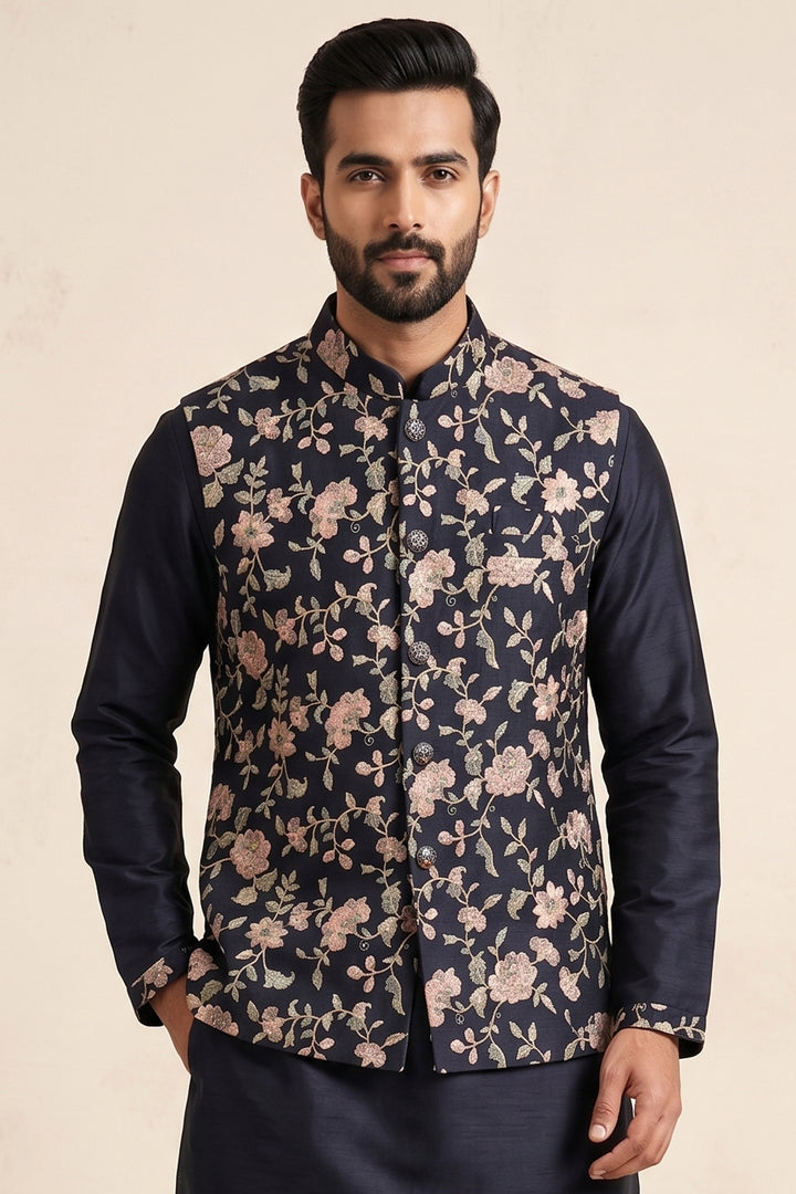 Navy Blue floral Jacket Style with Kurta Suit.