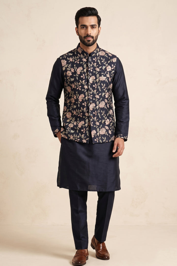 Navy Blue floral Jacket Style with Kurta Suit.