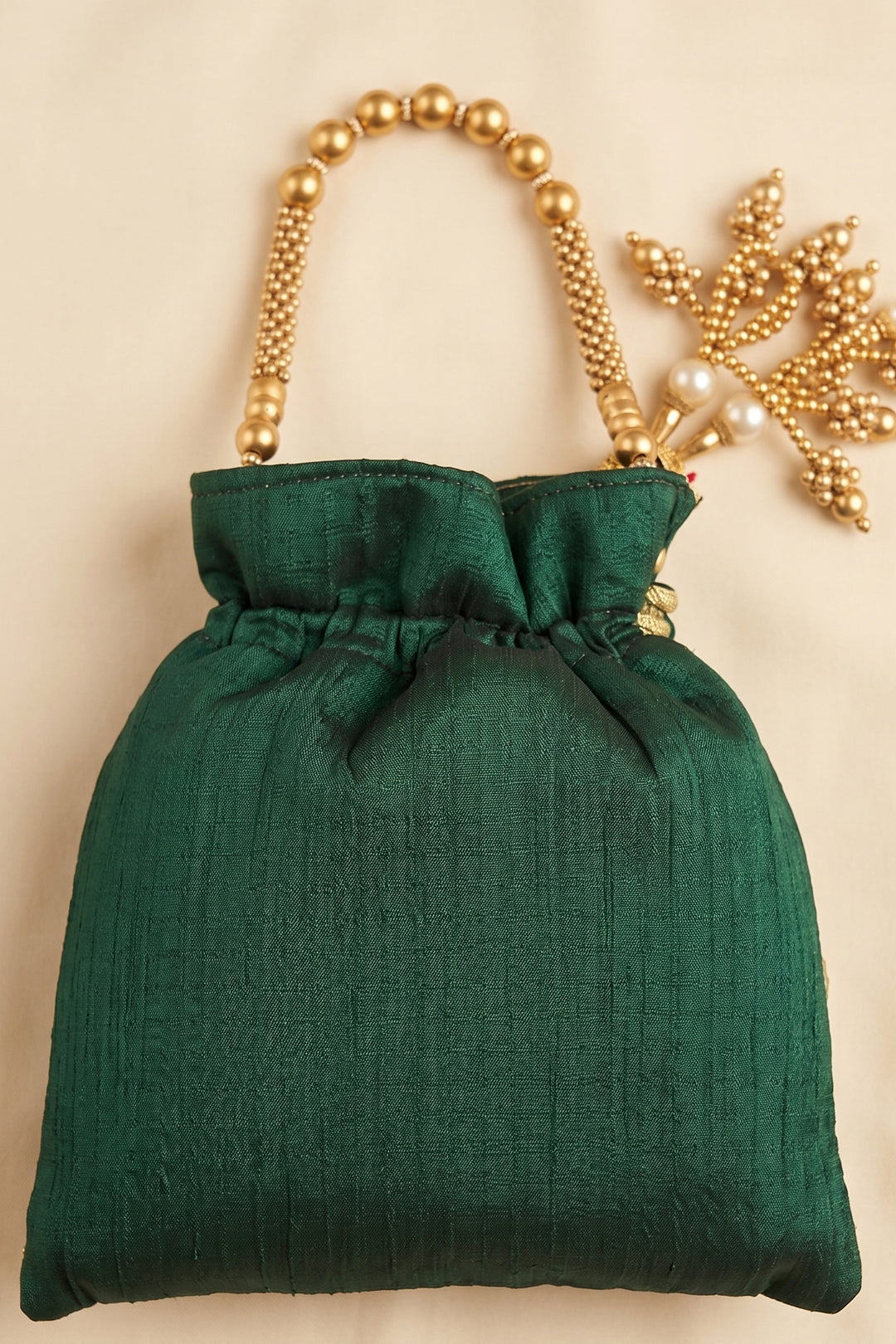 Bottle Green Embroidered Wedding Potli Bag.