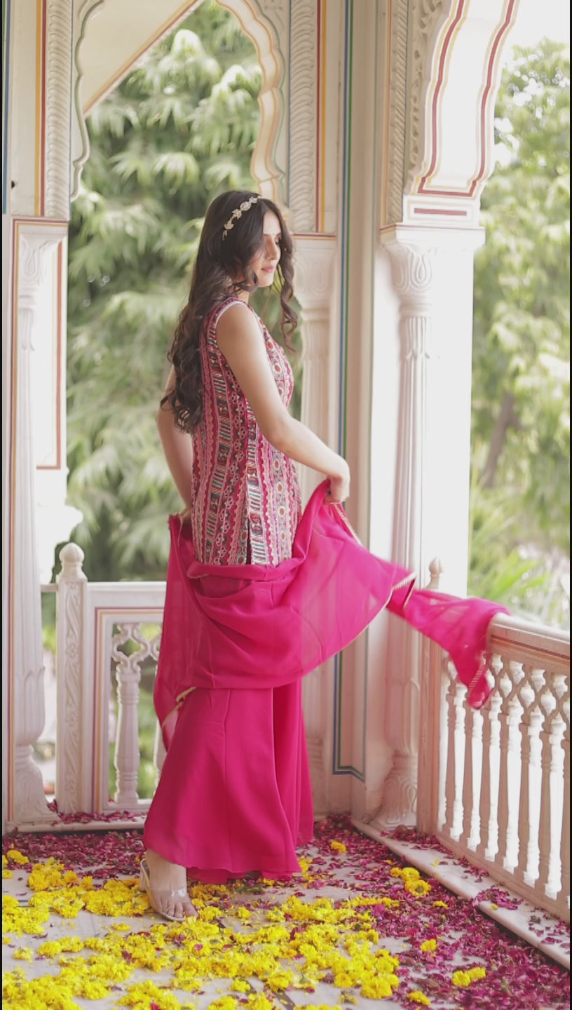 Pink Indo-Western Chinon Silk Palazzo Suit