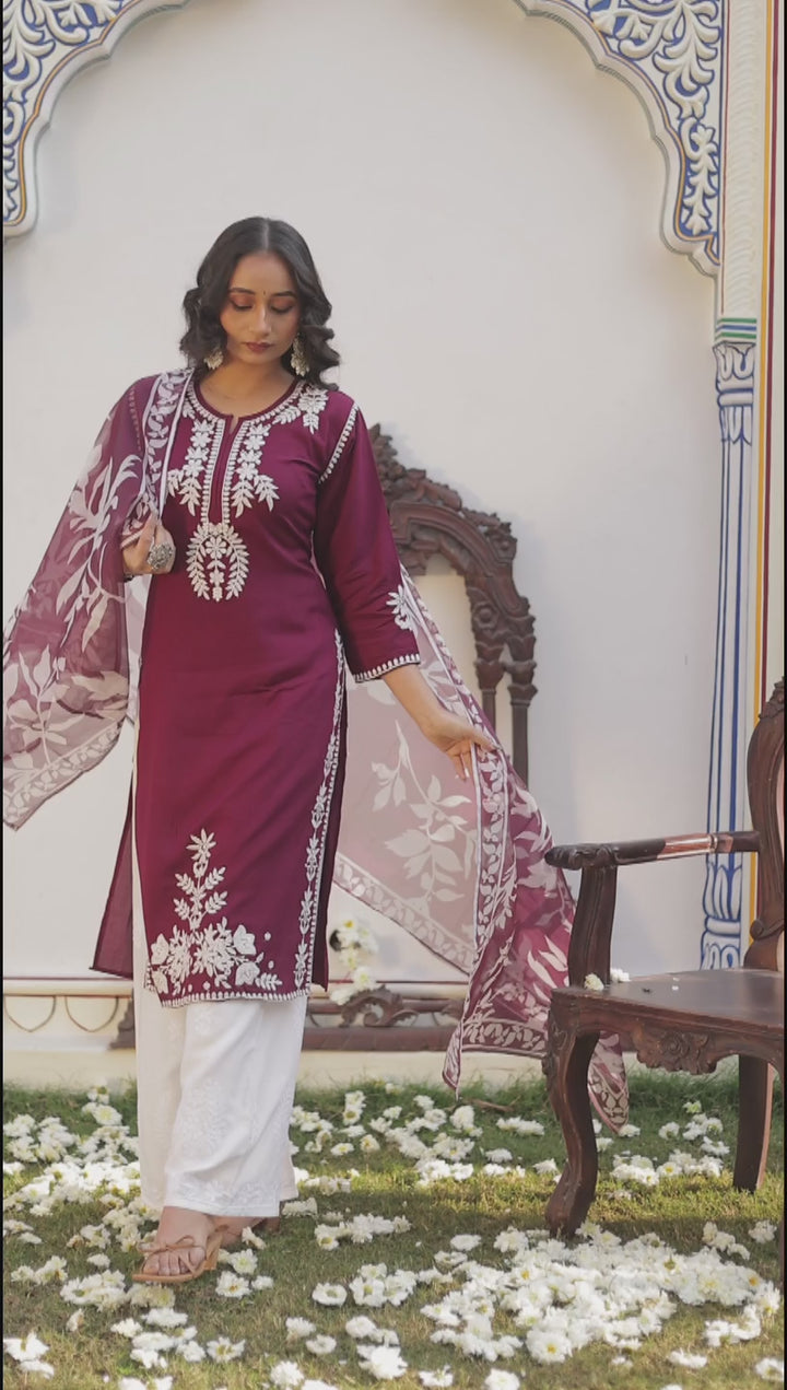Rosewood Straight Cut Chikankari Rayon Kurta Set