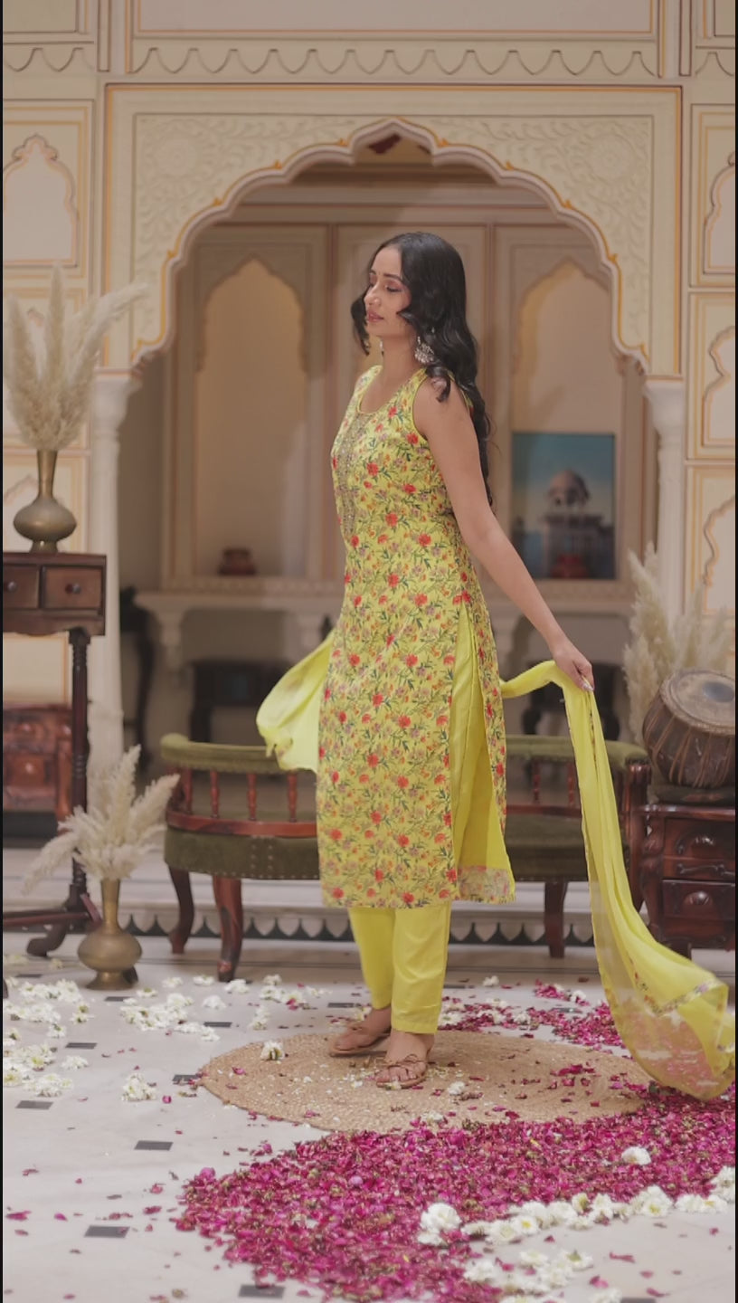 Yellow Floral Print Straight Cut Suit