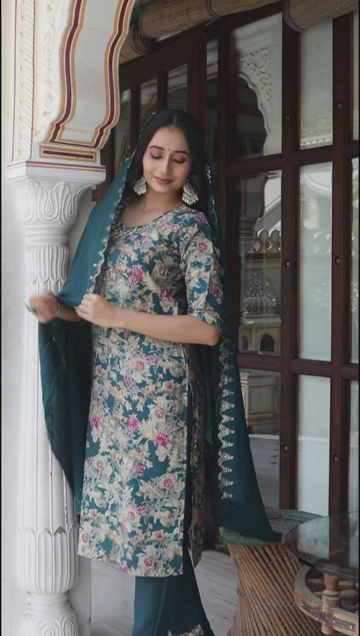 Teal Floral Print Model Straight Cut Kurta Set