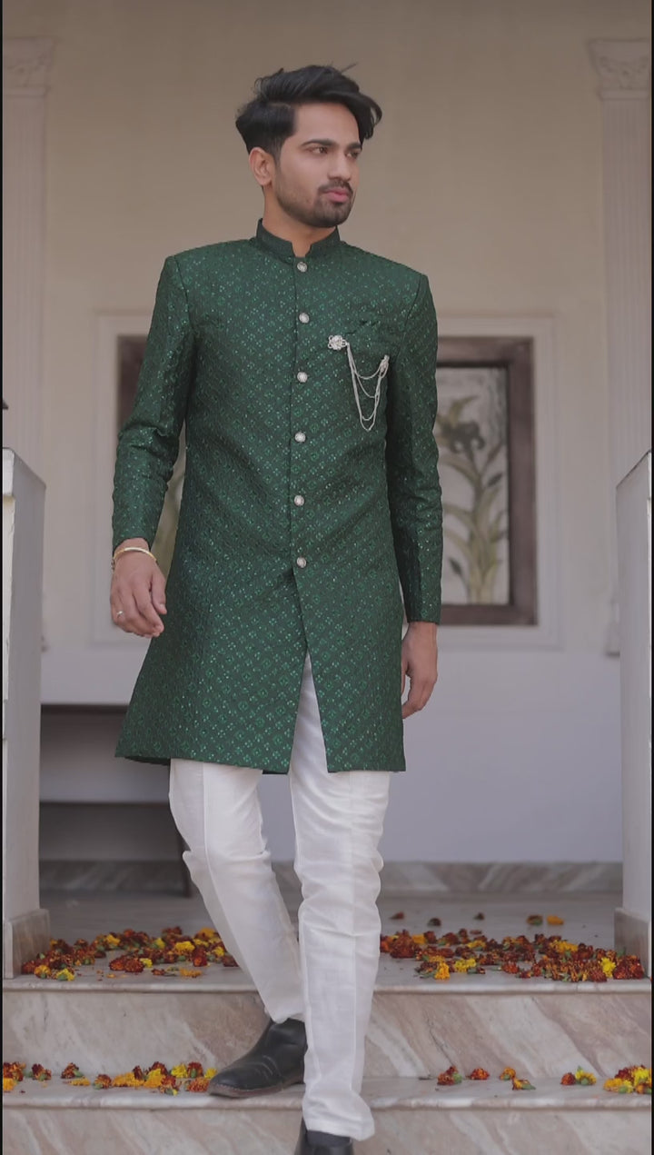 Bottle Green Lucknowi Silk Indo-western Suit