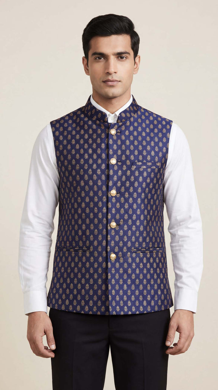 Navy Blue Brocade Silk Waistcoat.