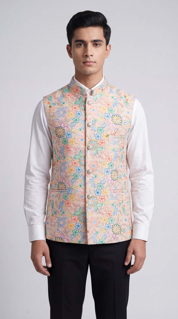 Light Pink Floral Print Embroidered Waistcoat.