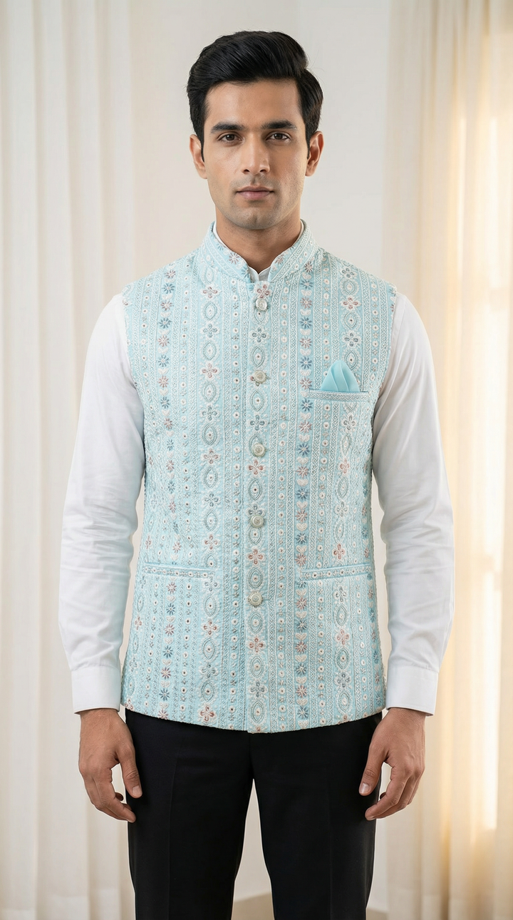 Light Blue Embroidered Lucknowi Silk Waistcoat.