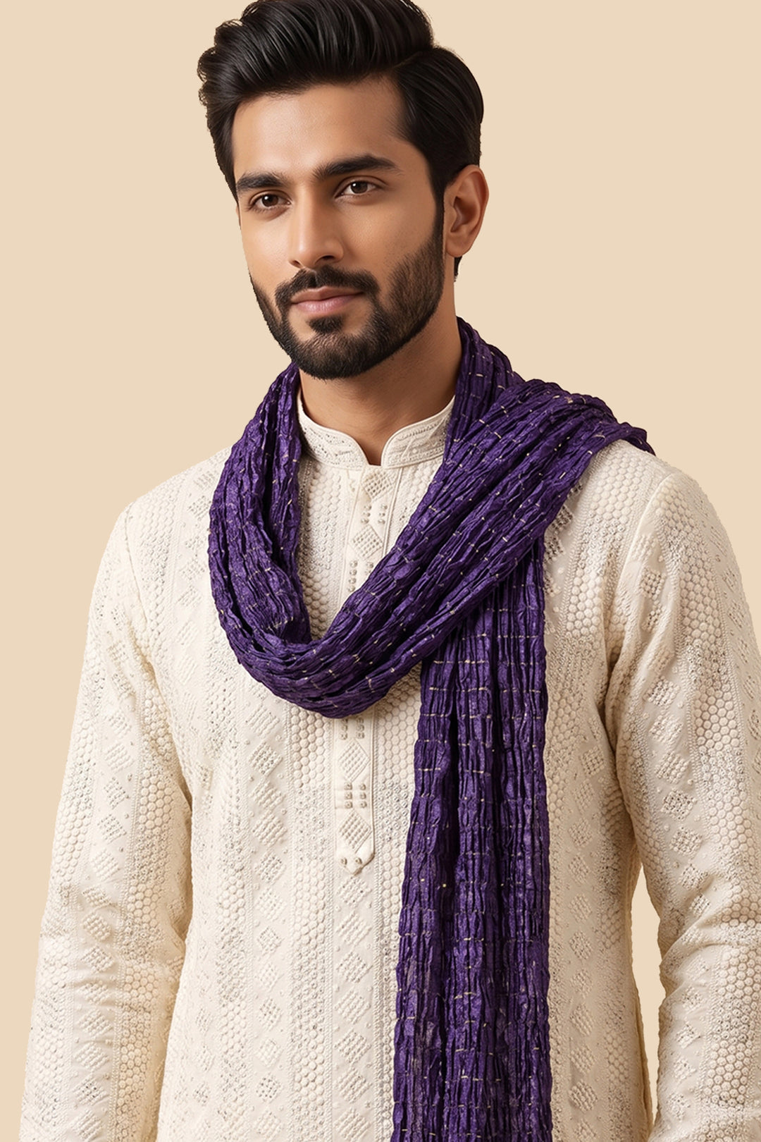 Mens Purple Crushed Scarf Enhanced with Zari Weave