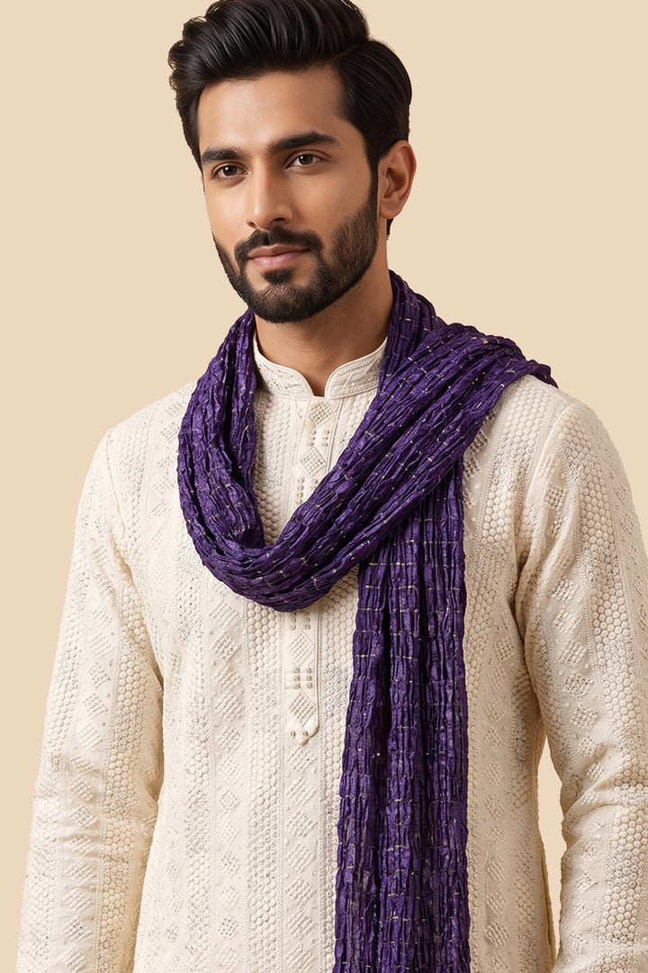 Mens Purple Crushed Scarf Enhanced with Zari Weave