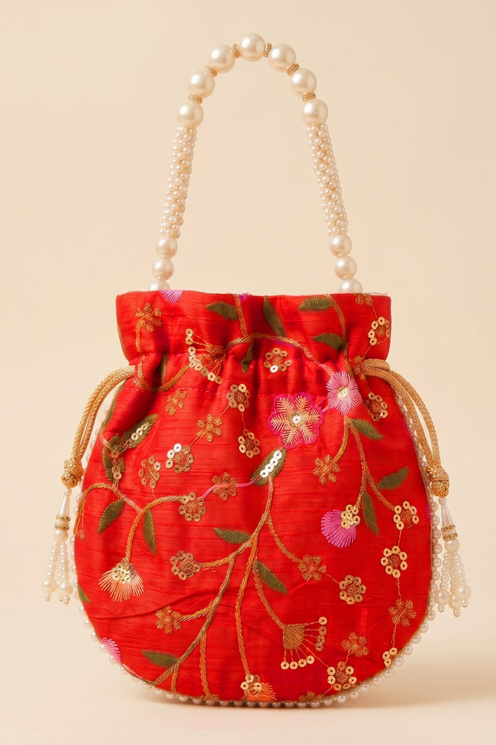 Red Embroidered Wedding Potli Bag.