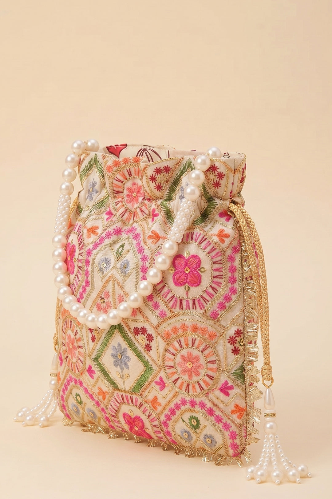 White Multi Colour Embroidered Wedding Potli Bag.