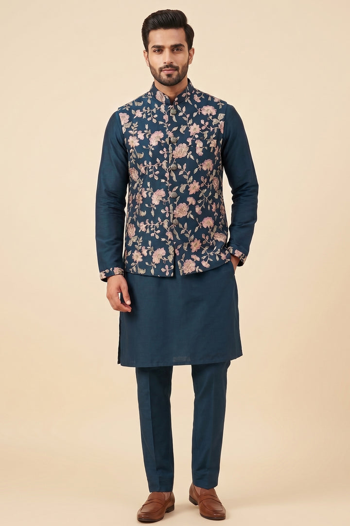 Teal Blue floral Jacket Style with Kurta Suit.
