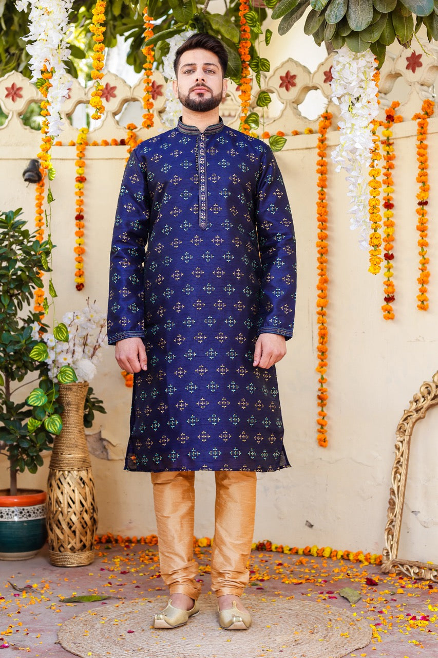 Navy Blue Raw Silk Kurta Suit.