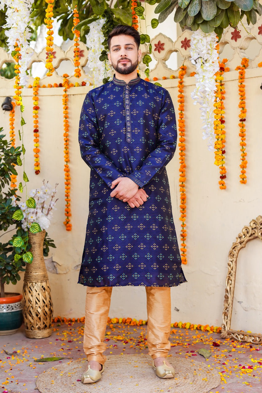 Navy Blue Raw Silk Kurta Suit.