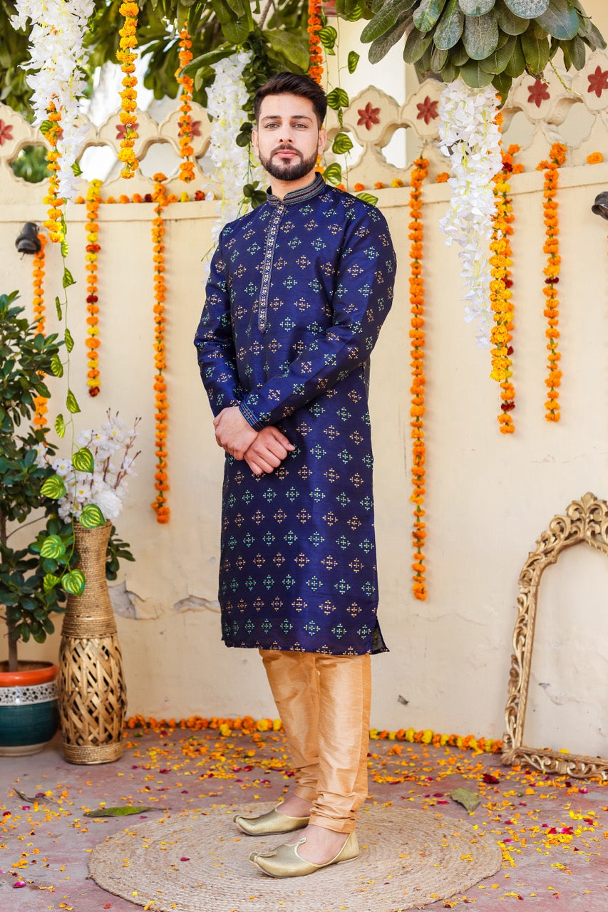 Navy Blue Raw Silk Kurta Suit.