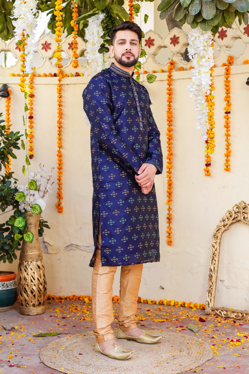 Navy Blue Raw Silk Kurta Suit.