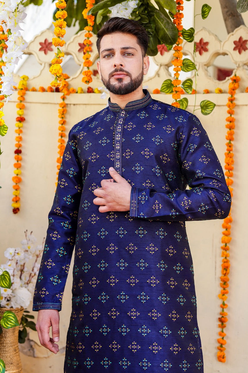 Navy Blue Raw Silk Kurta Suit.