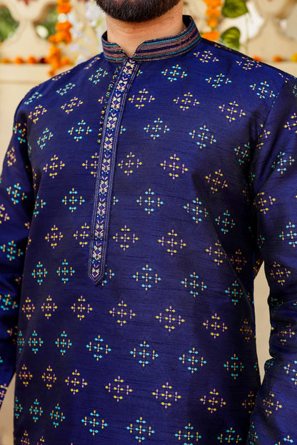 Navy Blue Raw Silk Kurta Suit.