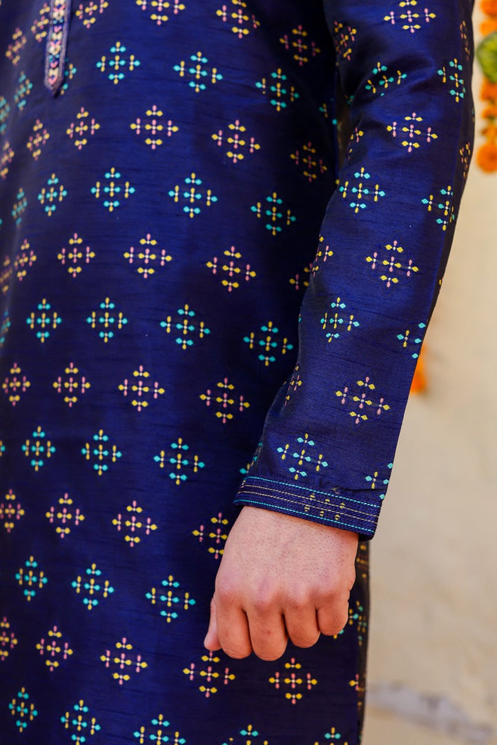 Navy Blue Raw Silk Kurta Suit.