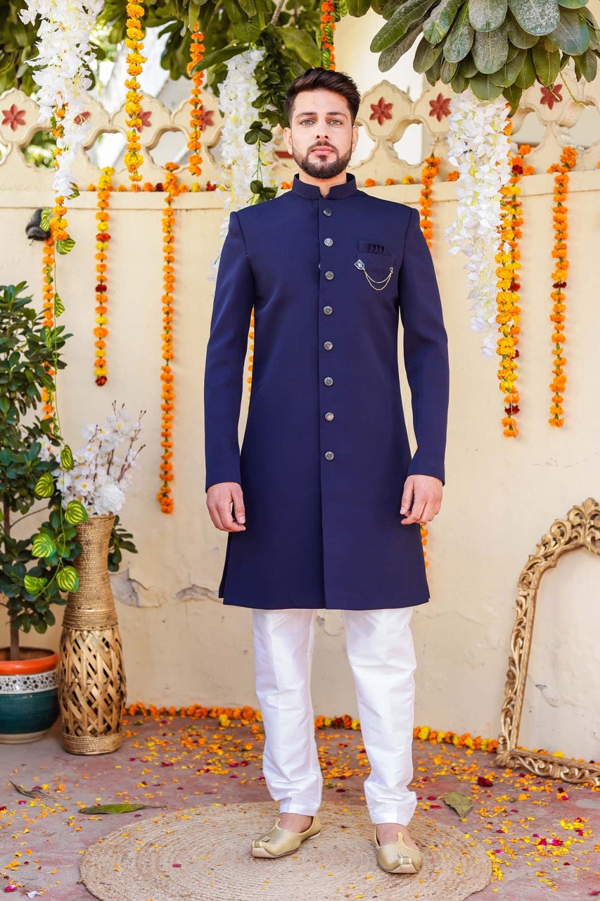 Navy Blue Indo-Western Sherwani Suit.