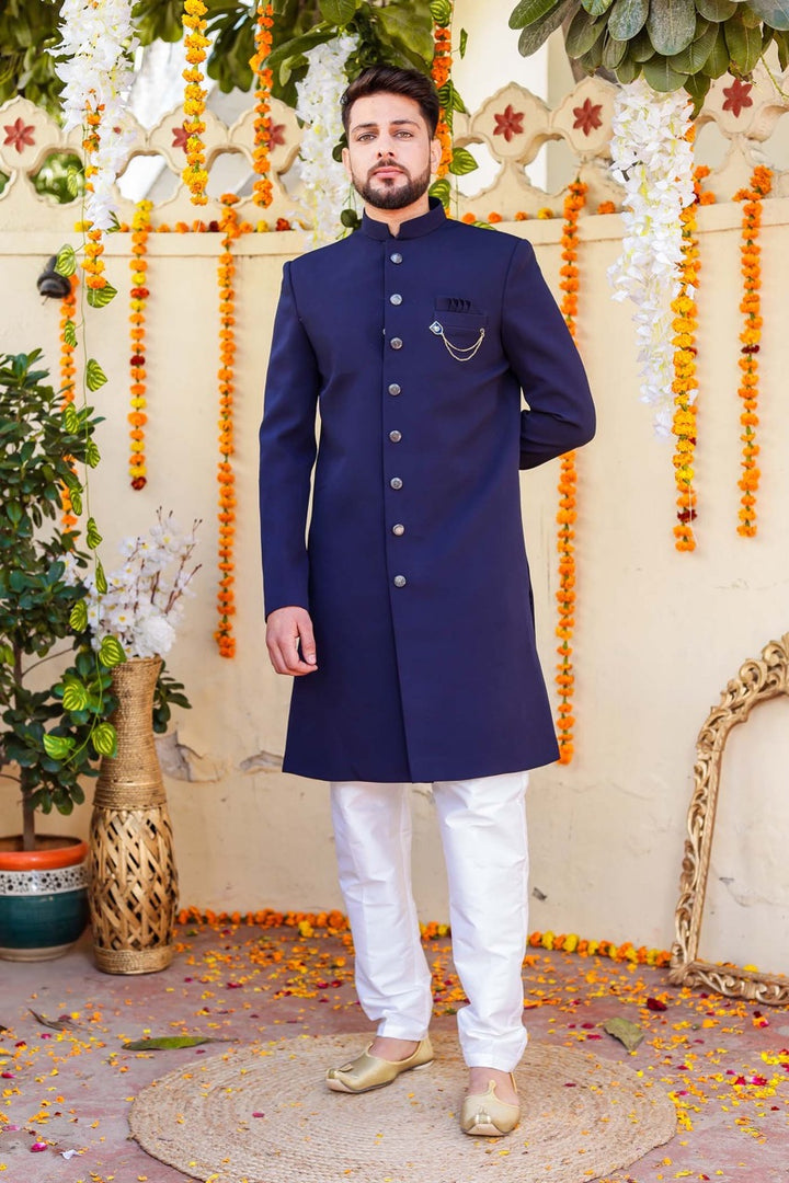 Navy Blue Indo-Western Sherwani Suit.