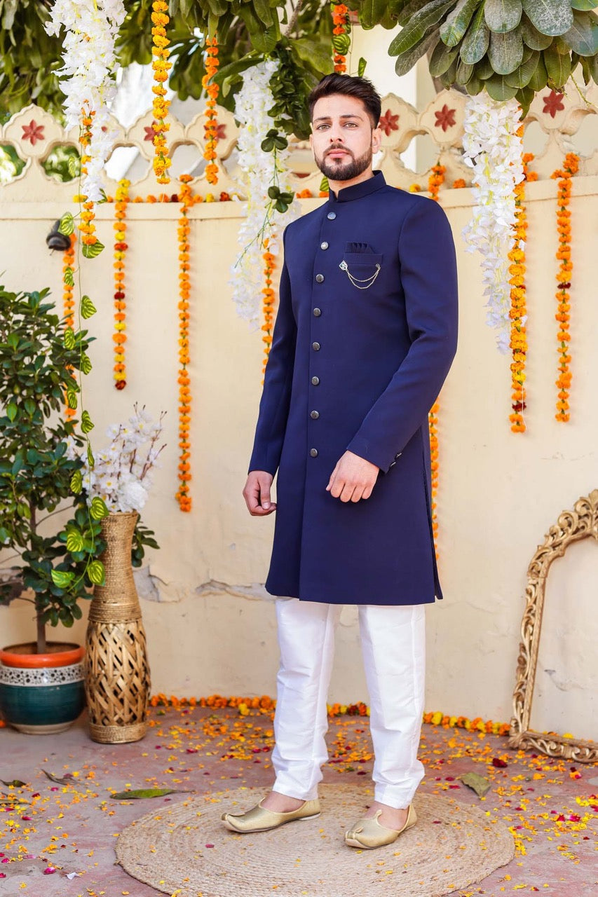 Navy Blue Indo-Western Sherwani Suit.