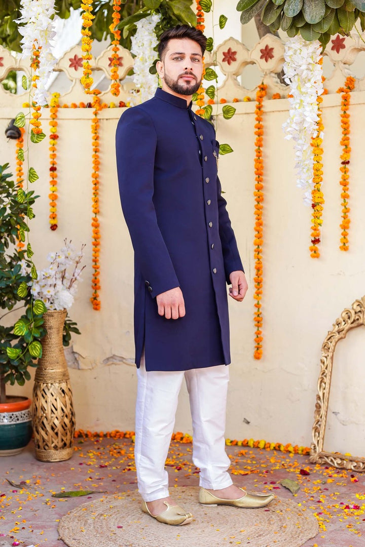 Navy Blue Indo-Western Sherwani Suit.